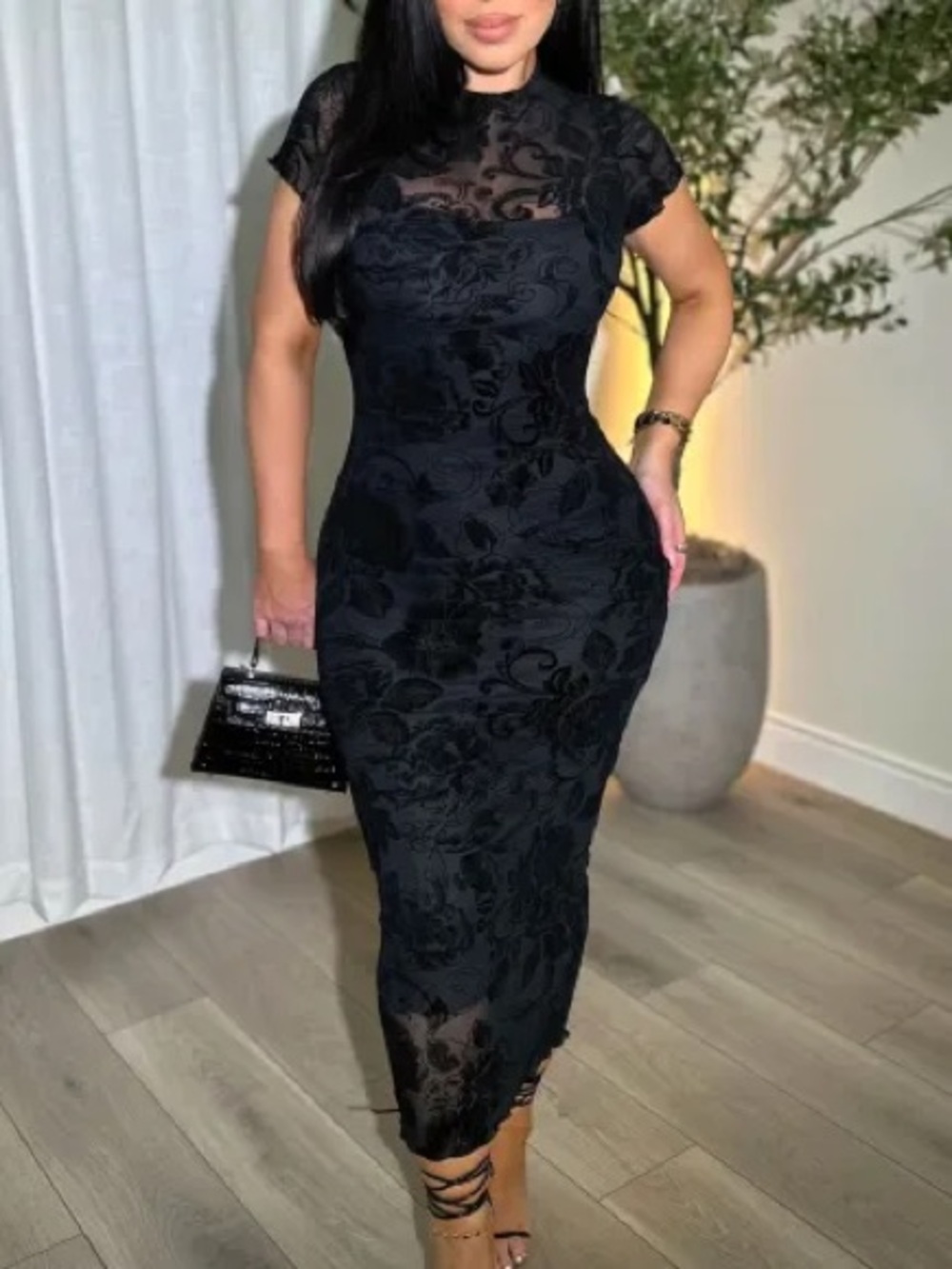 Elegant Black Lace Midi Dress - Fitted Sheath Style